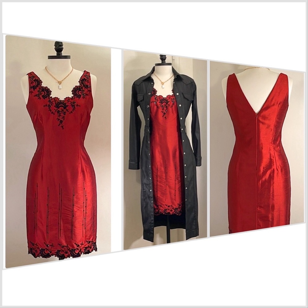 💕Beautiful Red Festive Holiday Dress with Beautiful Black Embroidery & Sequins